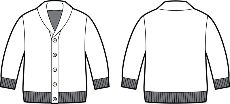Cardigan sweater flat sketch, shawl collar button down, ribbed cuffs hem, fashion technical drawing, vector apparel template, clothing CAD illustration