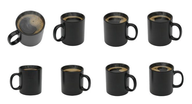 coffee in black mugs arranged with different perspectives for commercial use with a clean white backdrop