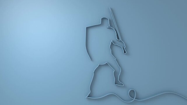 Medieval knight male warrior holding sword and shield. Hero wearing armor. Knight silhouette. Mascot and game element. Protection and security. Continuous line drawing animation.
