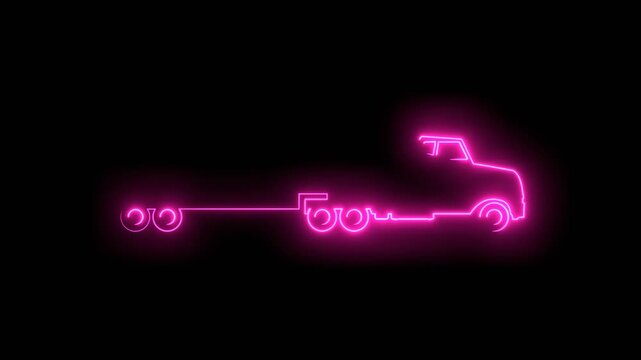 Flatbed truck icon. Commercial vehicle for cargo transportation. Side view of delivery transport. Logistic trucking sign. Neon glowing.