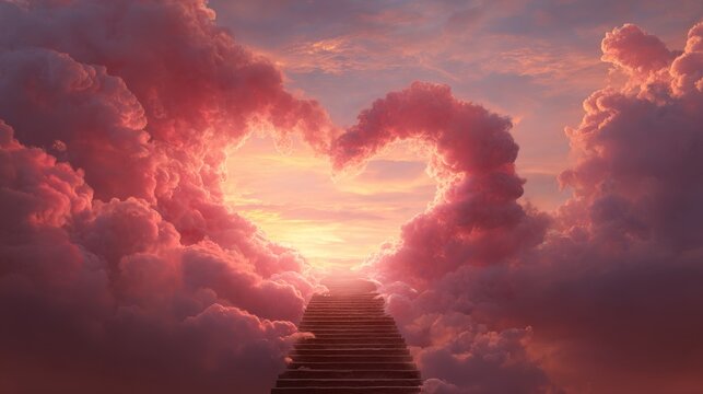 31.Spiritual concept of stairs leading to heaven, glowing clouds and warm sunset light, red heart shaped sky emphasizing love and hope, tranquil and symbolic background