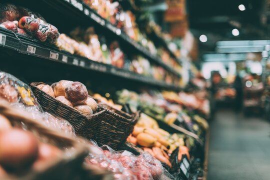Grocery store produce aisle, shelves full of fruits and vegetables
