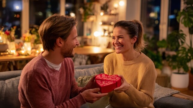 40.Young couple sitting on a cozy sofa in a warm living room, smiling and exchanging Valentine gifts, man presenting a heart shaped gift box to his beloved woman, natural indoor lighting, romantic