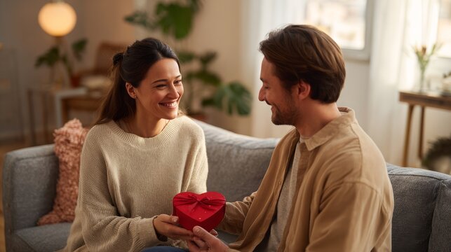 40.Young couple sitting on a cozy sofa in a warm living room, smiling and exchanging Valentine gifts, man presenting a heart shaped gift box to his beloved woman, natural indoor lighting, romantic