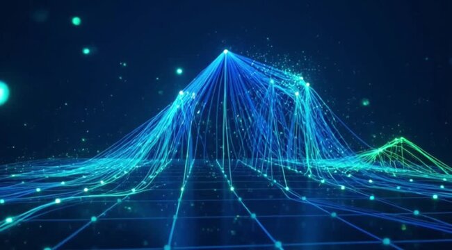 Futuristic glowing blue network connections in a digital space with grid lines and dots