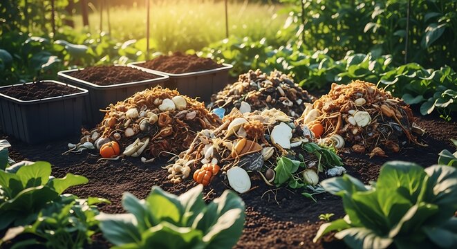 Sustainable garden practices with piles of organic kitchen and garden waste decomposing into rich compost, promoting healthy soil and eco-friendly plant growth