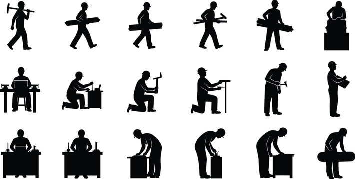 Carpenter silhouettes, woodworking workers, construction workers with tools, carrying wood and working, hammer and saw, wood crafting, manual 