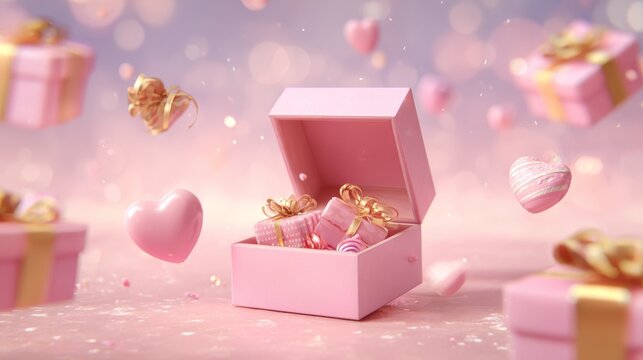 50.High quality 3d illustration of pink Valentine gift boxes, one open with celebratory objects inside, dreamy romantic background, stylish holiday graphic design concept