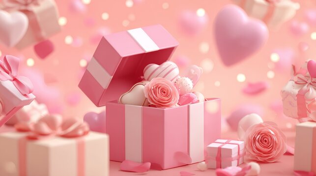 50.High quality 3d illustration of pink Valentine gift boxes, one open with celebratory objects inside, dreamy romantic background, stylish holiday graphic design concept