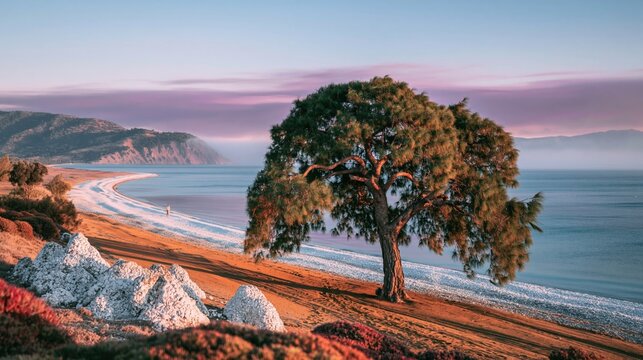 Mature pine tree casting long shadows on a pebble beach at sunset for travel magazine covers, coastal villa advertising and nature hero banners with a scenic sky