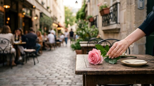 Woman placing a pink rose on a cafe table in a scenic European street