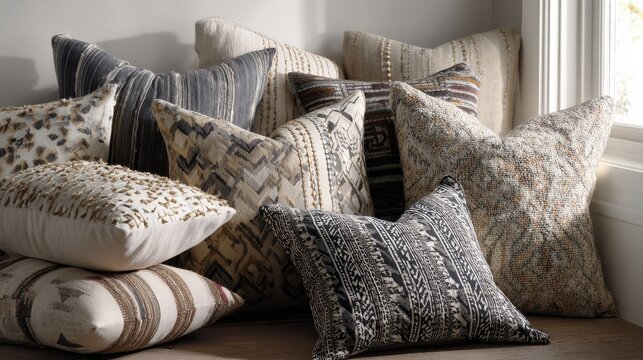 25.Variety of accent pillows with bold patterns and subtle neutrals, different shapes and stitching details, arranged casually for a lived-in feel, soft shadows, clean interior background
