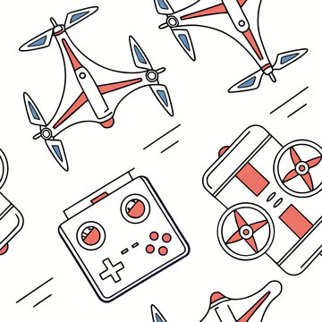 Seamless pattern of drones and remote controls in outline style red and blue accents playful design for technology lovers