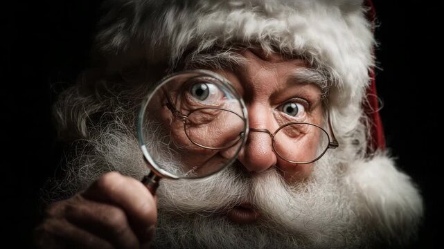 Santa Claus with a fluffy white beard and red hat closely examines his nice list through a magnifying glass. The scene has a warm, festive vibe that captures the holiday spirit.