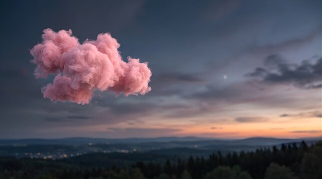 A single surreal pink cloud floating in a dramatic dusk sky at twilight