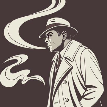 Serious vintage detective man in fedora hat and overcoat looking sideways with smoke swirl graphic element in monochromatic vector art illustration
