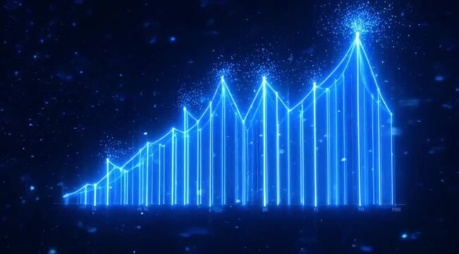 Glowing blue neon bar chart graph with increasing trend on dark background