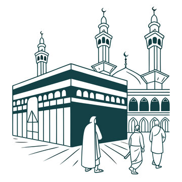 Islamic pilgrimage scene showing Kaaba with mosque minarets and people walking around holy site in mecca saudi arabia hand drawn vector illustration