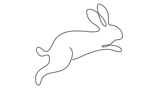 Running rabbit continuous line drawing animation isolated on white background. Minimalist jumping bunny line sketch self-drawing animation for nature or easter web design.