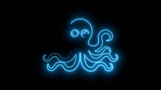 Octopus with tentacles. Sea and ocean animal. Cute giant kraken monster, cartoon funny underwater cuttlefish. Thin lines style emblem for the menu of the seafood restaurant. Neon glowing.