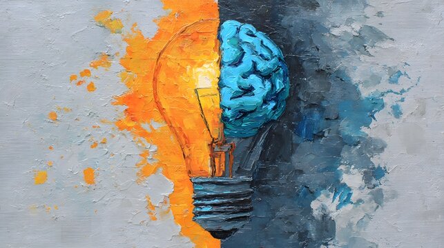 An oil painting of a glowing light bulb with a human brain inside, textured brush strokes, half blue and half orange