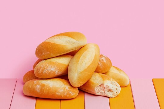 Fresh bolillo bread rolls piled on a colorful wooden surface for bakery marketing, culinary blog content and traditional mexican bread advertising with copy space