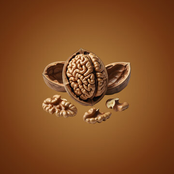 Walnut Shell and Kernels on Brown Background
