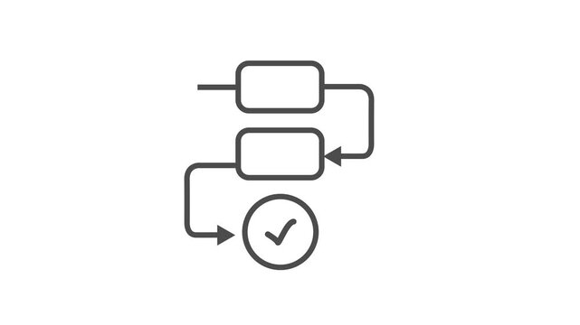Animated process flow white line icon with white background.Sequential tasks, career paths.