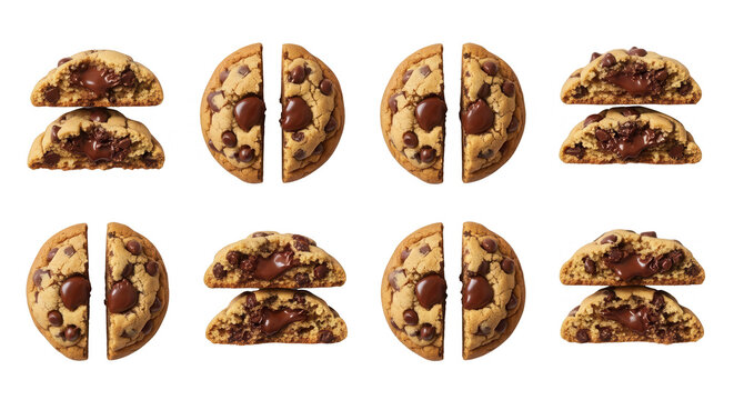 chocolate chip cookies sliced in half arranged on a white background highlighting texture and ingredients food imagery