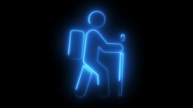 Animated neon Hiking sport icon. Tourist, hiker The person icon is running.eps.