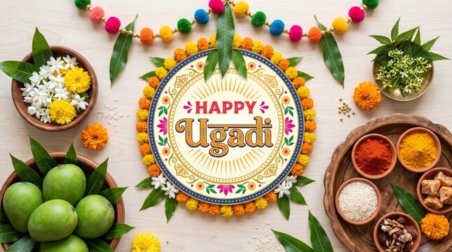 Happy Ugadi Vector Background with Mango Leaves, Flowers, and Traditional Festive Elements
