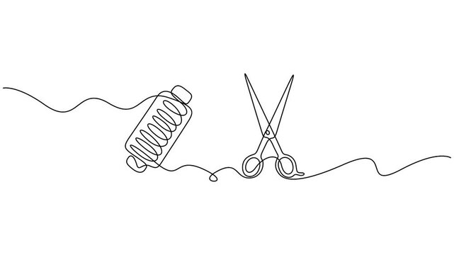 Scissors and thread spool continuous line drawing animation isolated on white background. Minimalist sewing scissors and thread line sketch self-drawing animation for tailoring design.