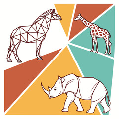 Modern wildlife collage with wireframe zebra realistic rhino and giraffe icons arranged over dynamic colorful triangular geometric background design © felesa11