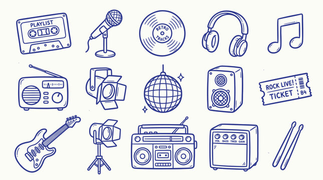 A collection of hand-drawn music-related icons including a cassette tape, microphone, vinyl record, headphones, and more.