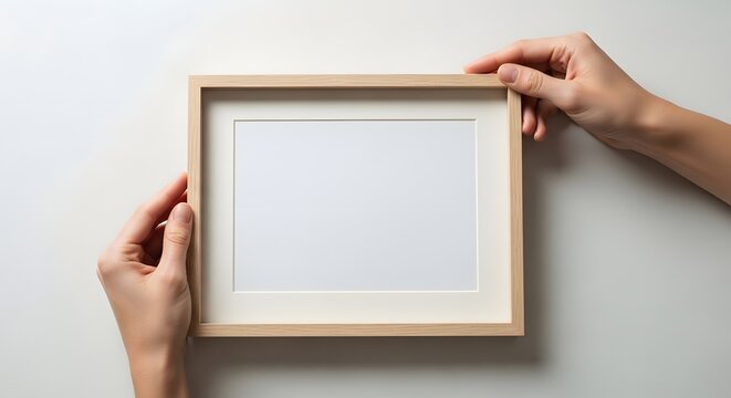 Wooden frame mockup with hands holding blank photo frame template