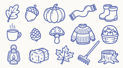 Collection of cute hand-drawn autumn icons including a pumpkin, leaves, scarf, and boots. © zainab