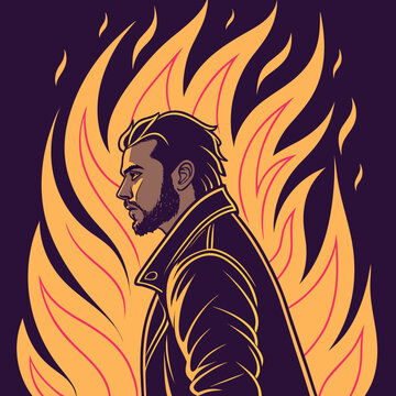 Stylish man with beard in profile surrounded by flames, intense vector illustration of brooding character and powerful presence