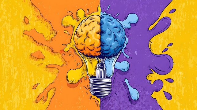 A cartoon pop art light bulb with brain inside, one half painted with warm tones (orange, yellow), other half with cool tones