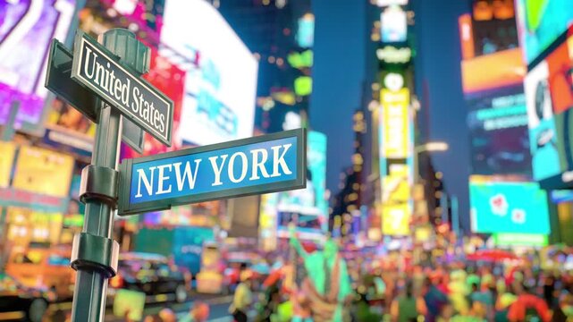 New York City Times Square Timelapse. Selective focus of travel sign United States and New York with real timelapse from raw photos. Bustling city with dazzling LED digital billboards and busy people
