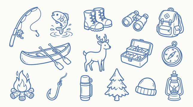 Collection of hand-drawn outdoor adventure and camping icons, including fishing gear, hiking equipment, and wildlife.