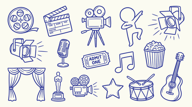 Collection of hand-drawn icons representing film, music, and performance arts.