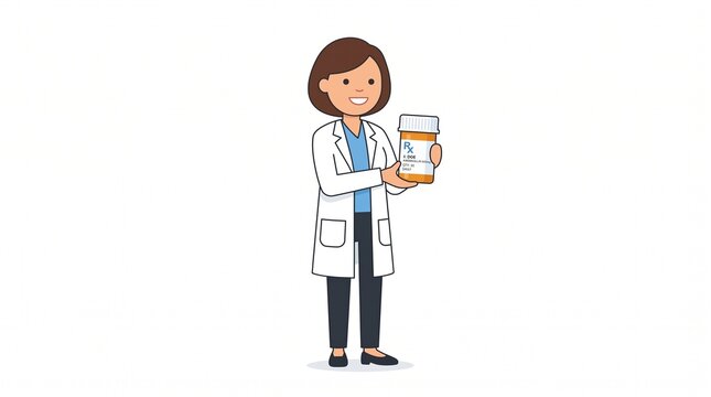 Friendly female pharmacist wearing a white lab coat holding a prescription medication bottle with a white background