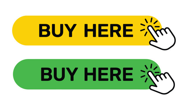Bright yellow and vibrant green rectangular buy here buttons with rounded edges featuring black bold typography and small clicking hand cursor icons designed for modern e-commerce websites and digital