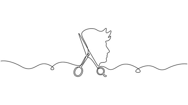 Scissors cutting man hair continuous line drawing animation isolated on white background. Minimalist hair salon scissors line sketch self-drawing animation for barber branding design.