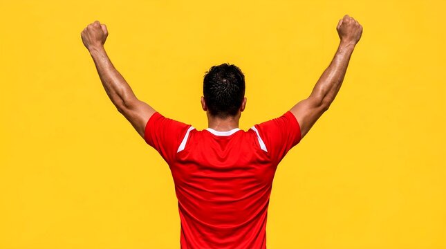 Back view of a man in a red sports jersey raising his arms with clenched fists against a yellow background, visualizing victory, achievement, champion spirit, success, and winning.
