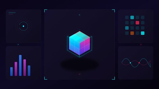 Futuristic digital data dashboard with isometric cube assembly