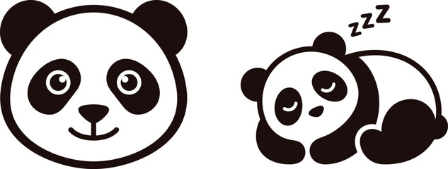 black and white panda bear cartoon faces and body  smiling and sleeping © Saidurra12