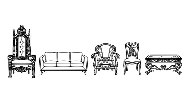 Elegant Furniture Outline Icon Set with Throne Sofa Armchair and Table Vector Design