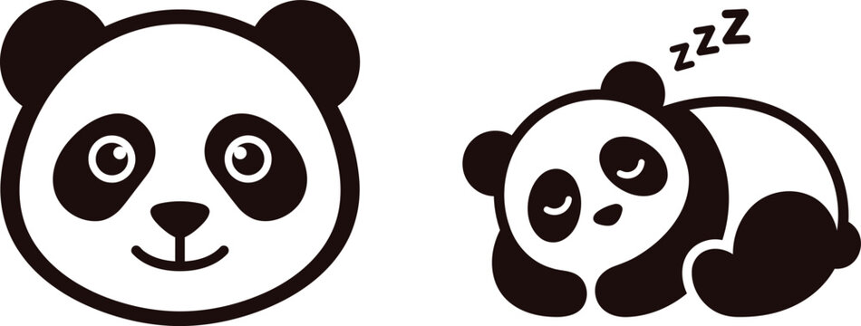 black and white panda bear cartoon faces and body  smiling and sleeping