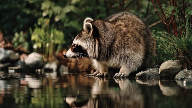 Raccoon Dog by a Forest Stream in a Peaceful Woodland